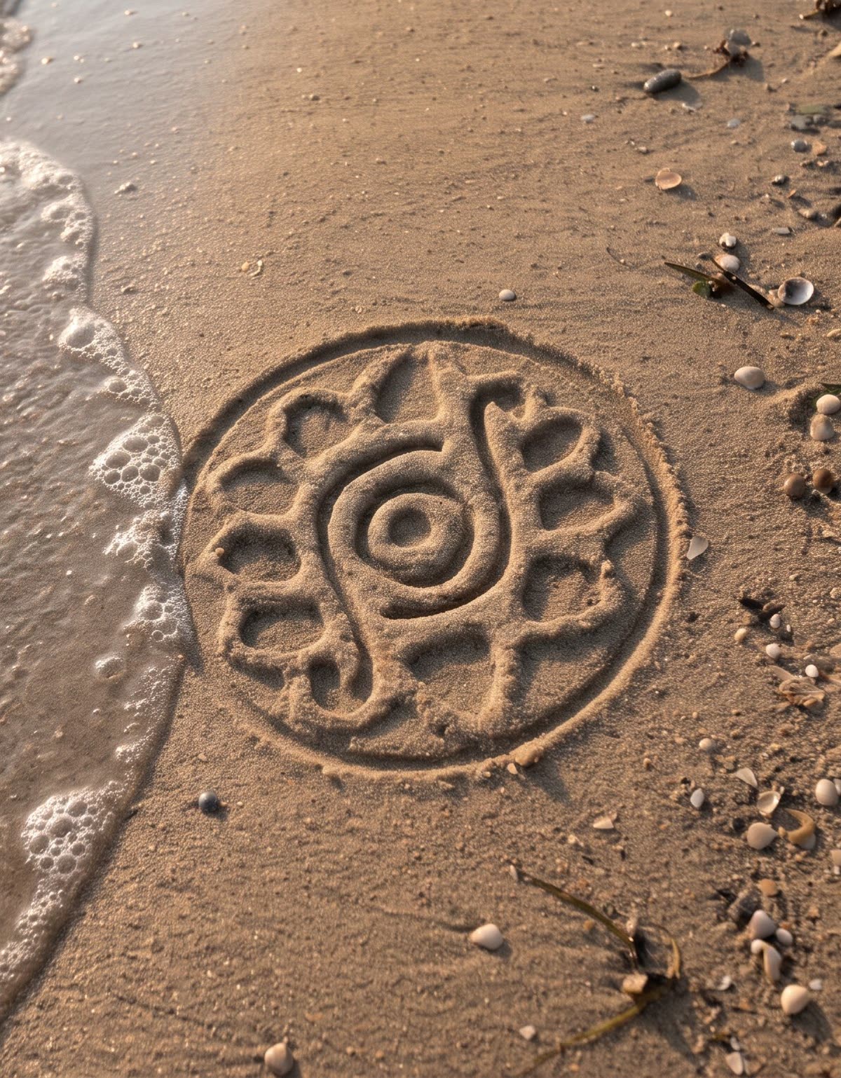 The Philip Martin's emblem, the eye and the hands, drawn in the sand where the waves meet the shore